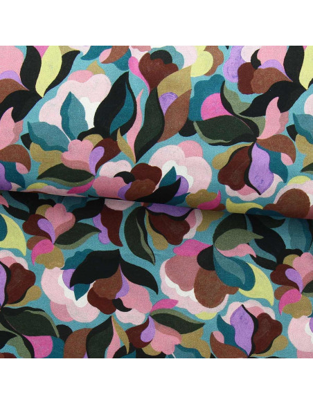 Fantasie viscose stof - Abiva blauwe en roze steen