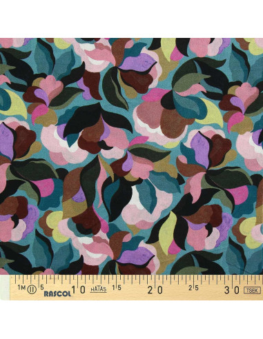 Fantasie viscose stof - Abiva blauwe en roze steen