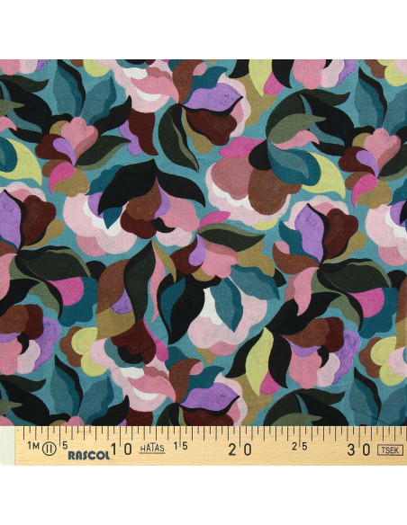 Fantasie viscose stof - Abiva blauwe en roze steen