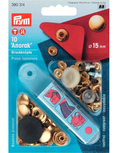 Doos met 10 anorak drukknopen goud met gereedschap 15 mm