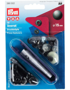 Doos met 10 Bruni anorak drukknoopjes met gereedschap 15 mm