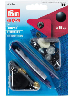 Doos met 10 zwarte anorak drukknopen met gereedschap 15 mm