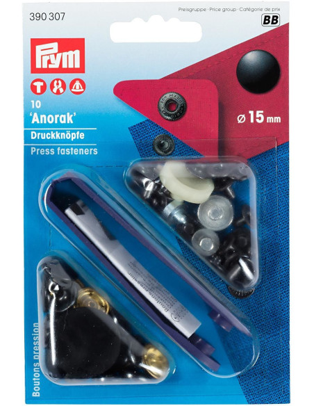 Doos met 10 zwarte anorak drukknopen met gereedschap 15 mm