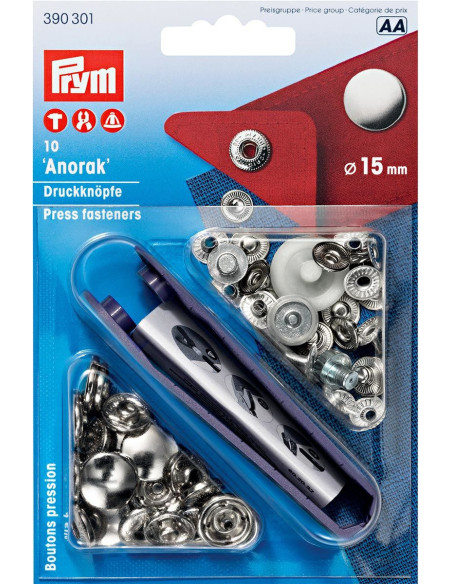 Doos met 10 anorak drukknopen Zilver met gereedschap 15 mm