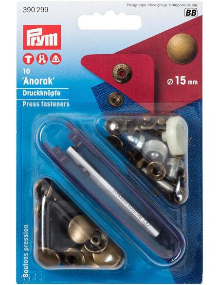 Doos met 10 anorak drukknopen van messing met gereedschap 15 mm