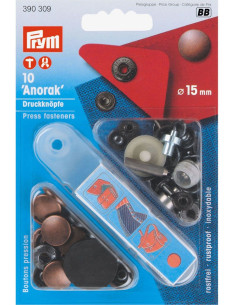 Doos met 10 anorak drukknopen Antiek koper met gereedschap 15 mm