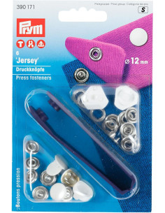 Doos met 6 witte jersey drukknoopjes met gereedschap 12 mm