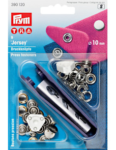 Doos met 9 nikkel jersey drukknopen met gereedschap 10 mm