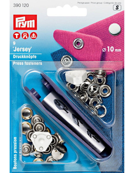 Doos met 9 nikkel jersey drukknopen met gereedschap 10 mm