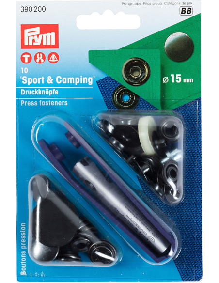 Doos met 10 sport camping drukknopen zwart met gereedschap 15 mm