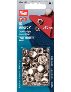 Navulverpakking van 10 anorak drukknopen 15 mm Zilver
