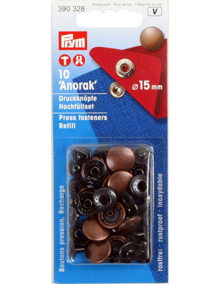 Navulverpakking van 10 anorak drukknopen 15 mm Koper