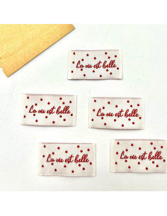 Set van 5 geweven labels om op te naaien Het leven is mooi 2