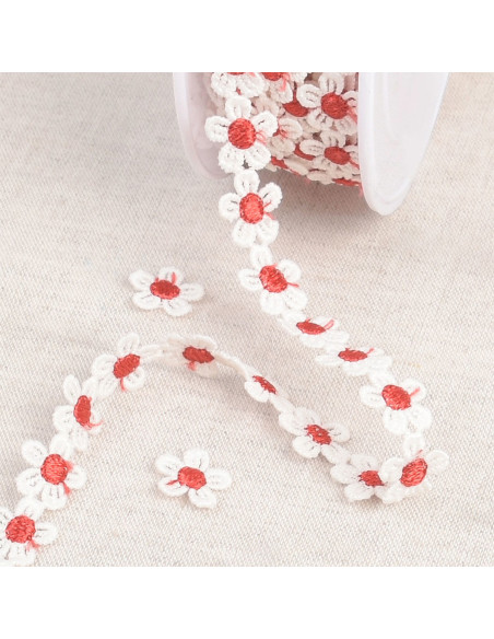Guipure witte madeliefjes - Rood en wit