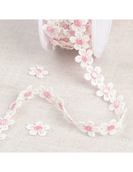 Guipure madeliefjes wit - Roze en wit
