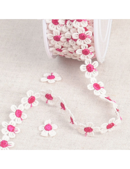 Guipure madeliefjes wit - Fuchsia en wit