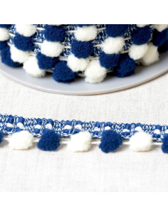 Twee-kleurige grote pomponband - Marineblauw en ecru