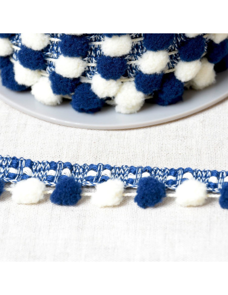 Twee-kleurige grote pomponband - Marineblauw en ecru