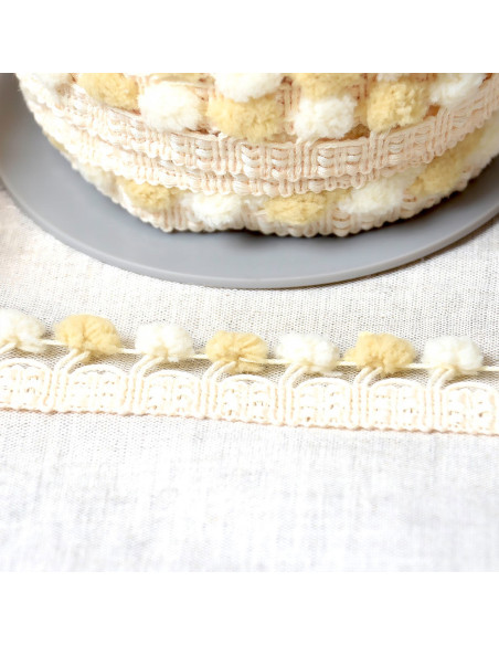 Twee-kleurige grote pomponband - Beige en ecru