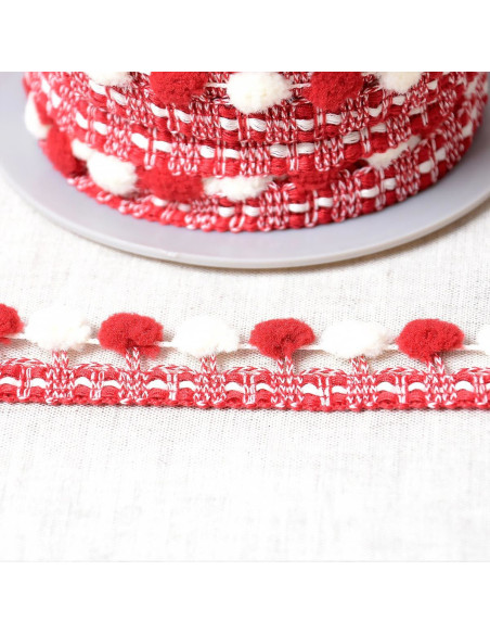 Twee-kleurige grote pomponband - Rood en ecru