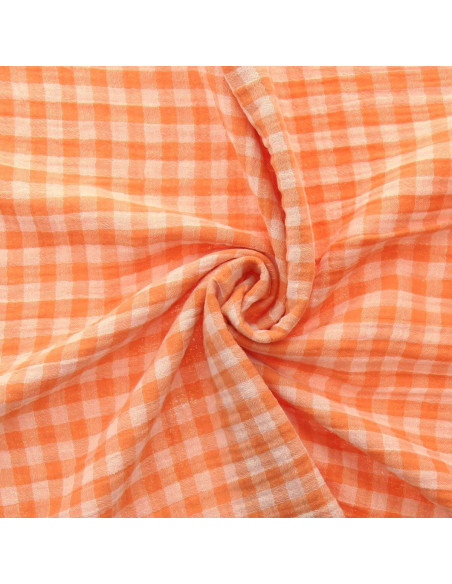 Dubbel gaze wafelstof vichy - Clementine en gebroken wit