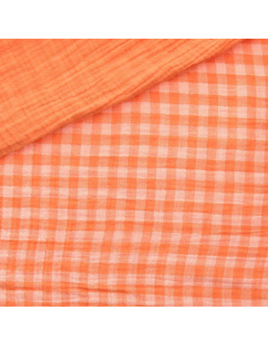 Dubbel gaze wafelstof vichy - Clementine en gebroken wit