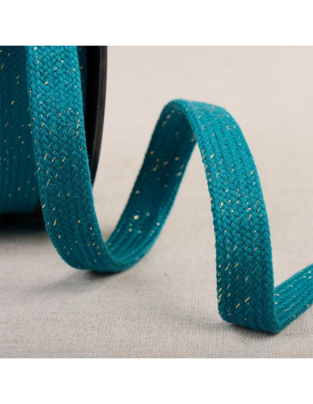 Gevlochten plat lurex koord - Eendblauw en goud