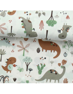 Katoenen popeline stof - Bruine dinosaurus