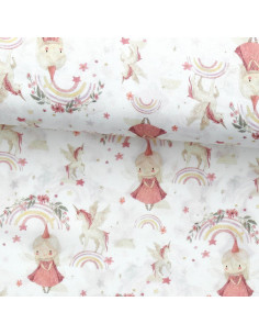 Katoenen popeline stof - Linette wit en roze