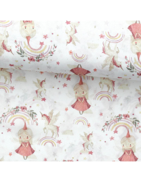 Katoenen popeline stof - Linette wit en roze