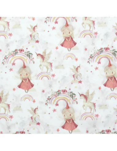 Katoenen popeline stof - Linette wit en roze