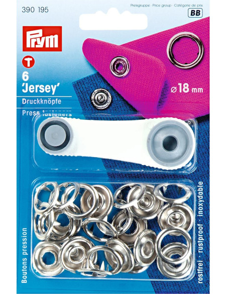 Doos met 6 jersey drukknoopjes Zilver met gereedschap 18 mm
