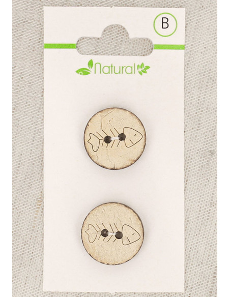 Kaart met 2 knopen van natuurlijk hout 18 mm 2 gaten - Visgraatmotief