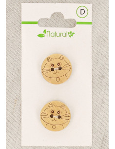 Kaart met 2 knopen van natuurlijk hout 18 mm 2 gaten - Kat