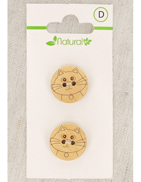 Kaart met 2 knopen van natuurlijk hout 18 mm 2 gaten - Kat