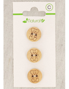 Kaart met 3 knopen van natuurlijk hout 14 mm 2 gaten - Muis