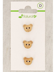 Kaart met 3 knopen van natuurlijk hout 11 mm 2 gaten - Berenkop