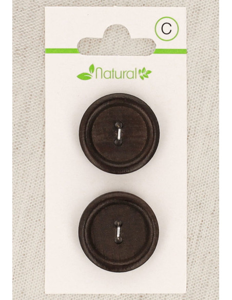 Kaart met 2 knopen van donker hout 23 mm 2 gaten - Rond