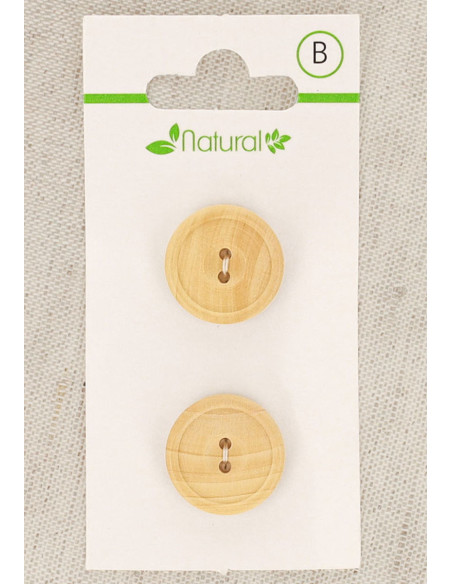 Kaart met 2 knopen van natuurlijk hout 18 mm 2 gaten - Rond