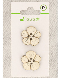 Kaart met 2 knopen van natuurlijk hout 21 mm 4 gaten - Bloemen