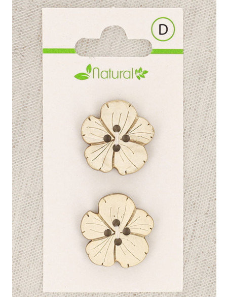 Kaart met 2 knopen van natuurlijk hout 21 mm 4 gaten - Bloemen