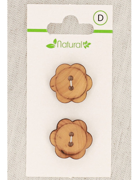 Kaart met 2 knopen van natuurlijk hout 20 mm 2 gaten - Bloemen