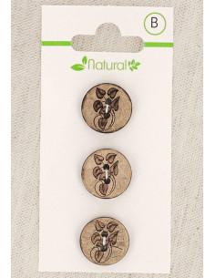 Kaart met 3 knopen van natuurlijk hout 15 mm 2 gaten - Bladeren