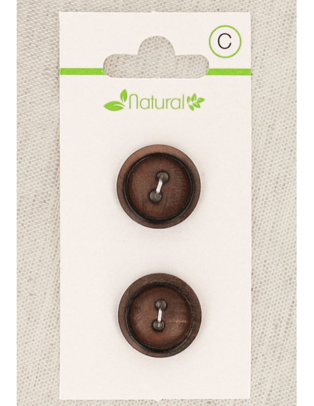 Kaart met 2 knopen van donker hout 18 mm 2 gaten - Rond