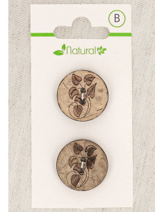 Kaart met 2 knopen van natuurlijk hout 20 mm 2 gaten - Bladeren