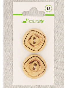 Kaart met 2 knopen van natuurlijk hout 23 mm 2 gaten - Vierkanten