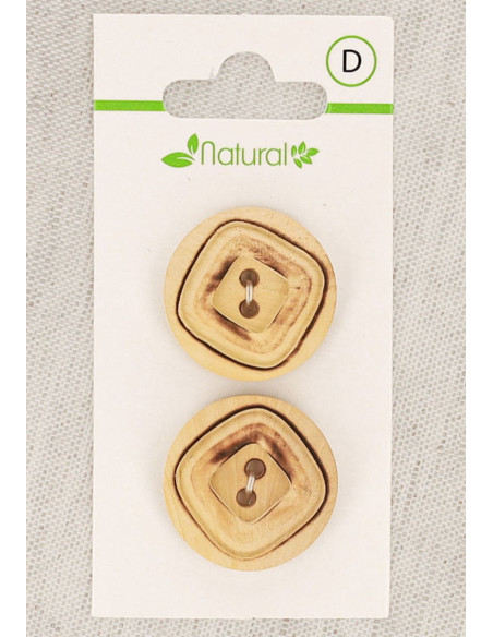 Kaart met 2 knopen van natuurlijk hout 23 mm 2 gaten - Vierkanten