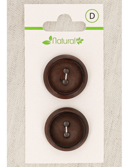 Kaart met 2 knopen van donker hout 23 mm 2 gaten - Rond