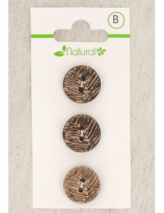 Kaart met 3 knopen van natuurlijk hout 15 mm 2 gaten - Bladmotief