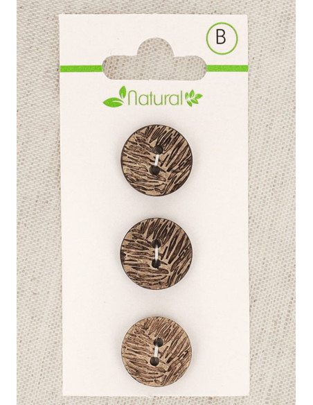 Kaart met 3 knopen van natuurlijk hout 15 mm 2 gaten - Bladmotief
